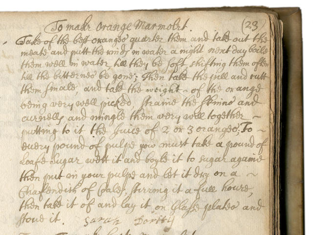MANUSCRIPT - CULINARY & MEDICINAL RECEIPTS Recipe book, bearing the ownership inscription of "Sarah Turner" and the date "1658", 1658 to c.1755