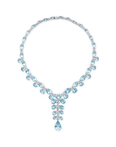 Bonhams : Aquamarine and diamond necklace