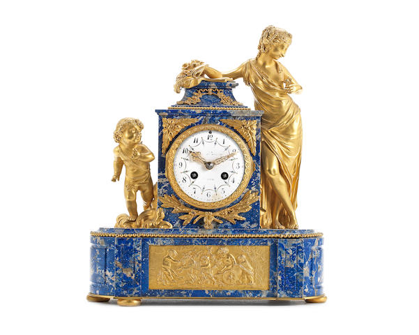A 19th century French gilt bronze and Lapis Lazuli figural mantel clock in the Louis XVI style, the movement stamped for Vincenti et Cie