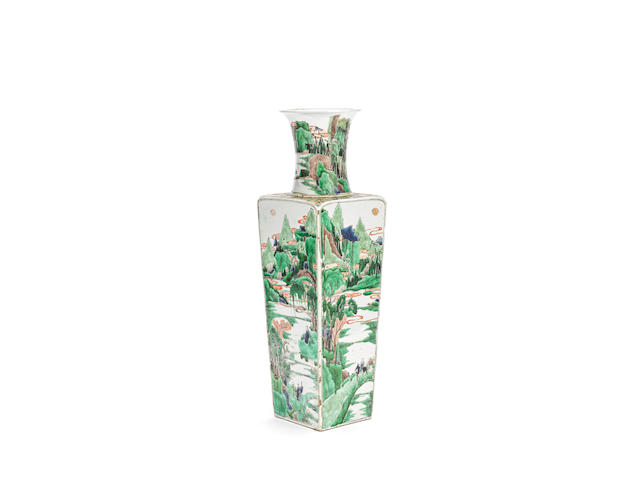 A famille verte square-section tapering 'landscape' vase Kangxi