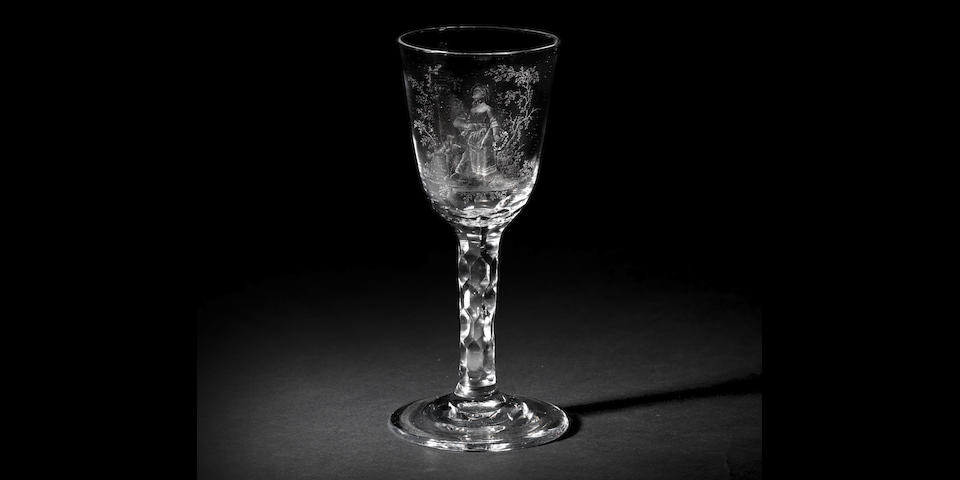 A fine Dutch stipple-engraved wine glass by 'Alius', circa 1780
