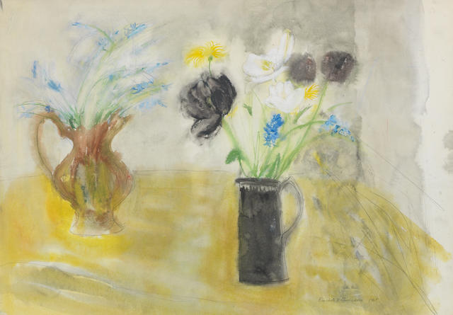 Dame Elizabeth Blackadder OBE RA RSA RSW RGI DLitt (British, born 1931) Two jugs of flowers 56 x 77.5 cm. (22 1/16 x 30 1/2 in.)