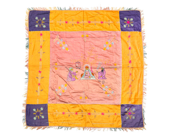 An embroidered silk panel depicting Guru Nanak with Bala and Mardana North India, 19th Century