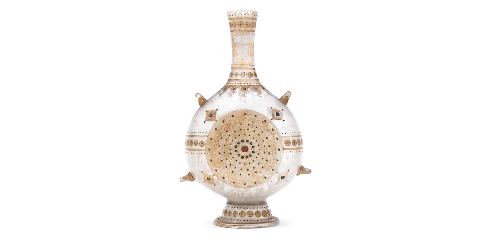 An exceptional Venetian enamelled and gilded pilgrim flask, late 15th or early 16th century