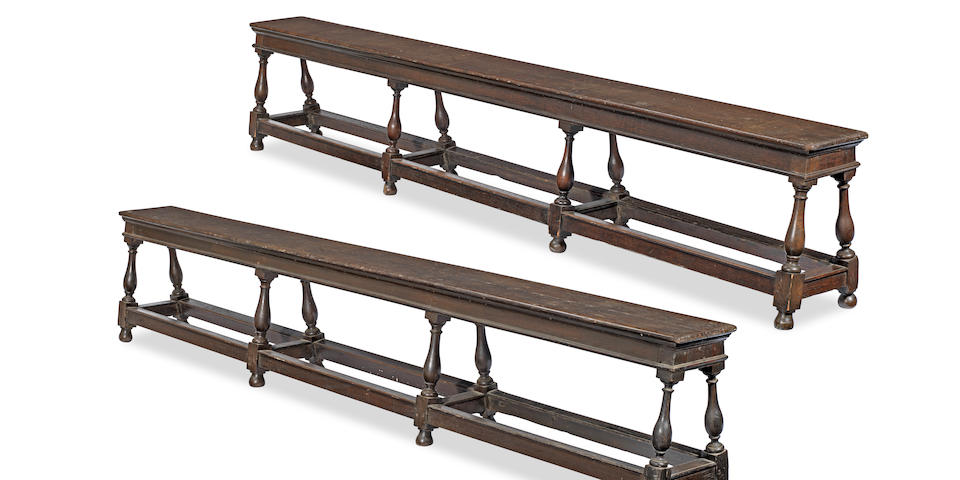 A rare and documented pair of Charles II joined oak forms or benches, circa 1674  (2)
