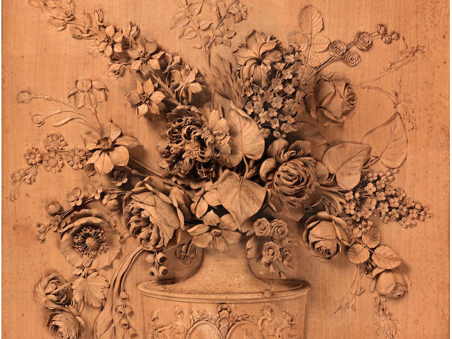 A rare late 18th century relief-carved lime wood panel depicting a vase of flowers, signed and dated Putman 1790 possibly an allegory relating to the Declaration of the Rights of Man