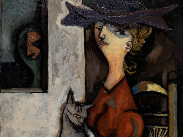Mario Prassinos (Greek, 1916-1985) La Dame au chat 90 x 64 cm.  (Painted in 1944. )