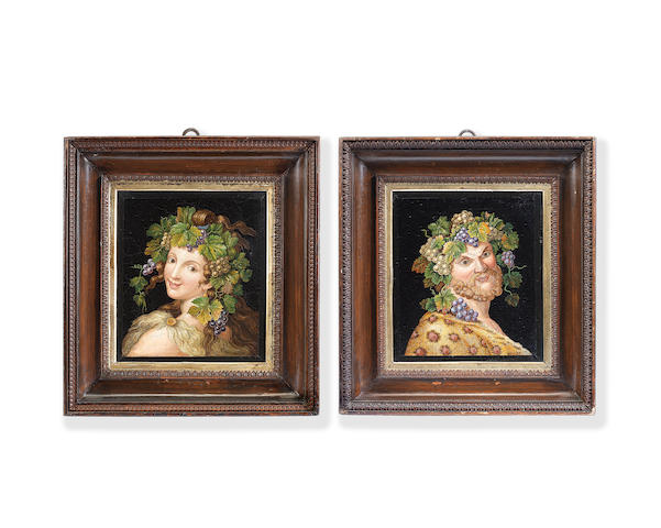 An important pair of early 19th century Italian micromosaic panels depicting Bacchus and a Bacchante probably Roman or Milanese, in the manner of Giacomo Raffaelli (1753 -1836) circa 1820