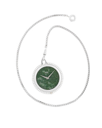 Piaget. A very attractive 18K white gold and diamond set keyless wind open face pocket watch with green hard stone dial January 1973 image 10