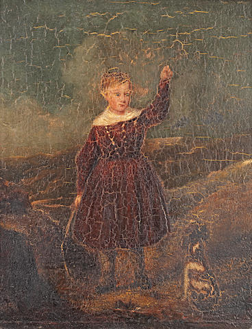 19th Century British School Portrait of a boy in Highland dress, a dog at his side, together with a pencil and watercolour bust-length portrait of a young girl wearing a necklace, ((2))