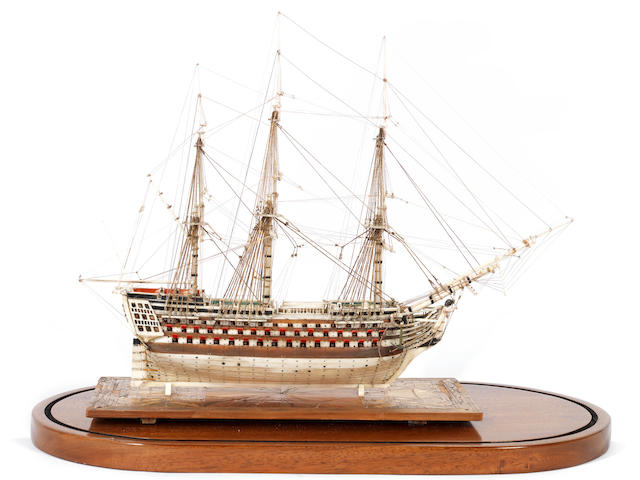 A fine Prisoner-of-war bone model of a first-class ship-of-the line,  English/French,  early 19th century,