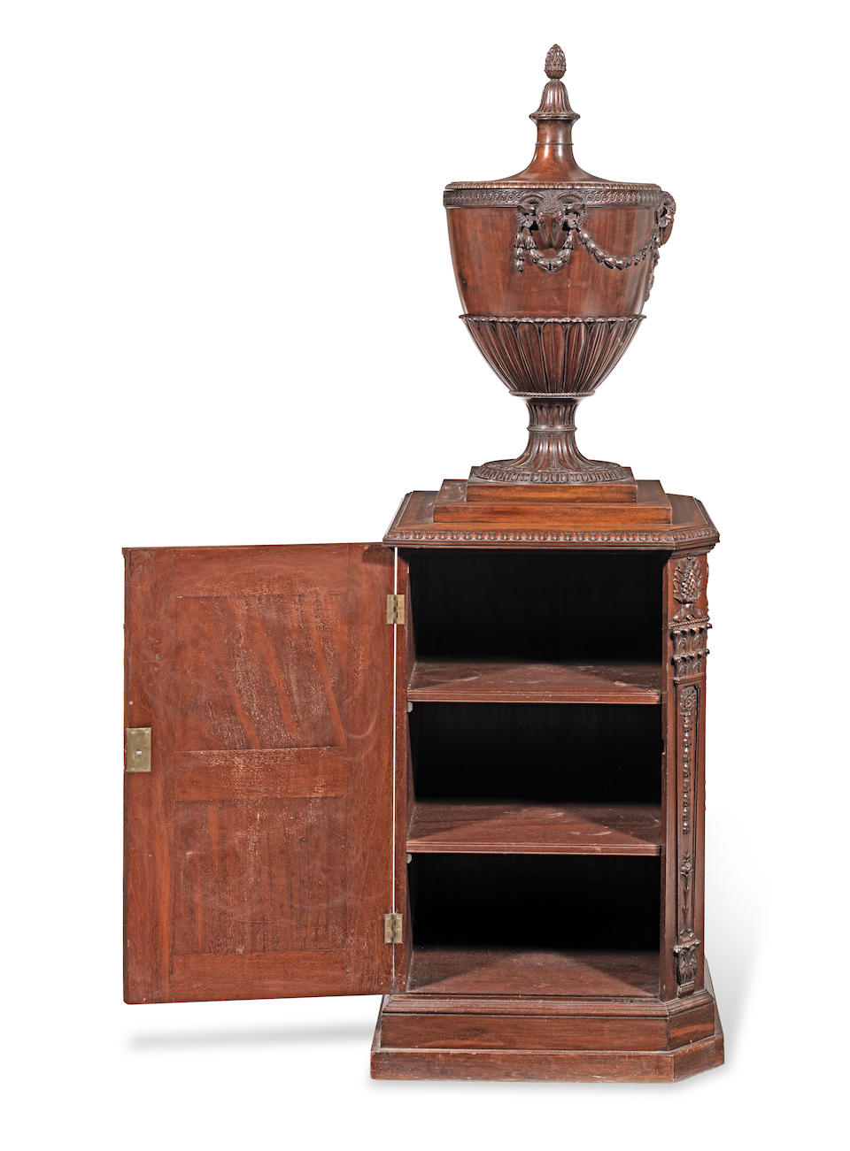 A matched pair of satinwood and carved mahogany urns and pedestals one urn and pedestal circa 1775, the other of a later date but probably 19th century (2)