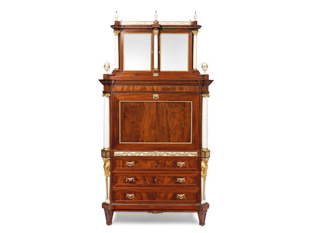 A German late 18th century ormolu and white marble mounted mahogany, burr elm, maple, mother-of-pearl and stained sycamore 'Schreibschrank' attributed to the circle of David Roentgen