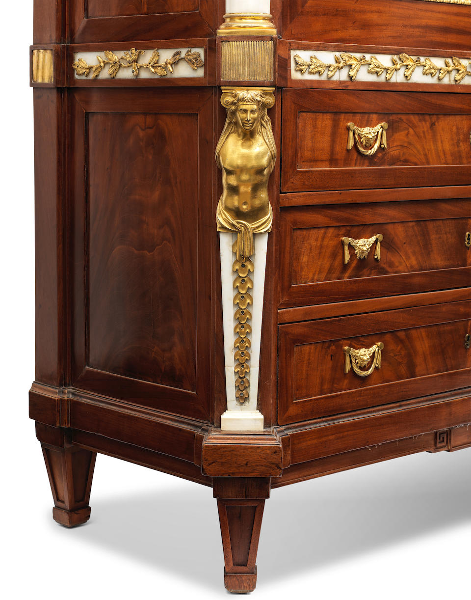 A German late 18th century ormolu and white marble mounted mahogany, burr elm, maple, mother-of-pearl and stained sycamore 'Schreibschrank' attributed to the circle of David Roentgen
