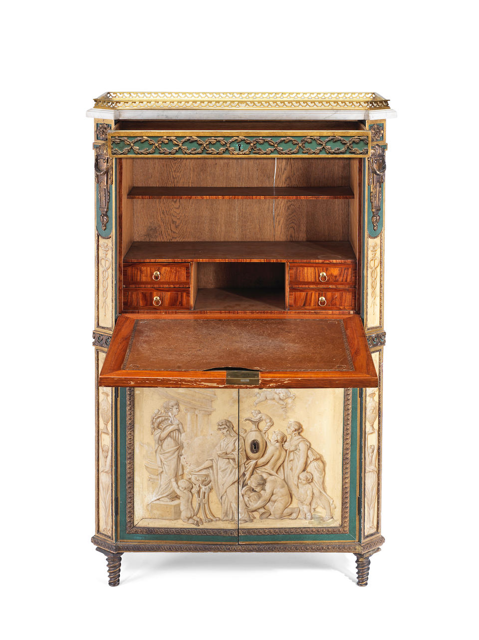 An important late Louis XV ormolu mounted grisaille Vernis Martin, parcel gilt and green painted secretaire a abbatant attributed to Rene Dubois (1734-1798)