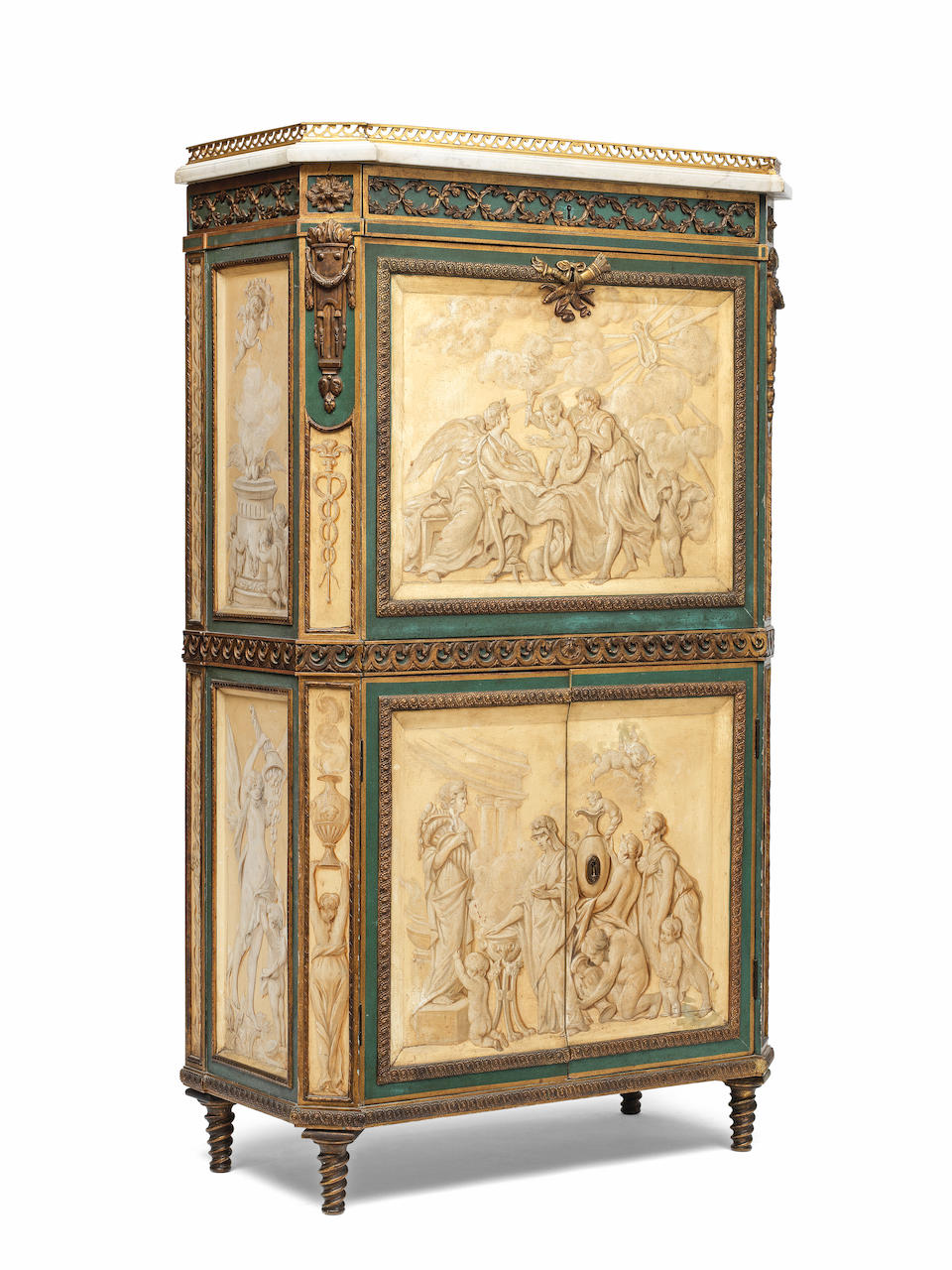 An important late Louis XV ormolu mounted grisaille Vernis Martin, parcel gilt and green painted secretaire a abbatant attributed to Rene Dubois (1734-1798)