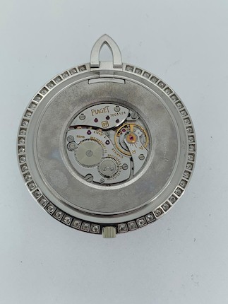 Piaget. A very attractive 18K white gold and diamond set keyless wind open face pocket watch with green hard stone dial January 1973 image 3