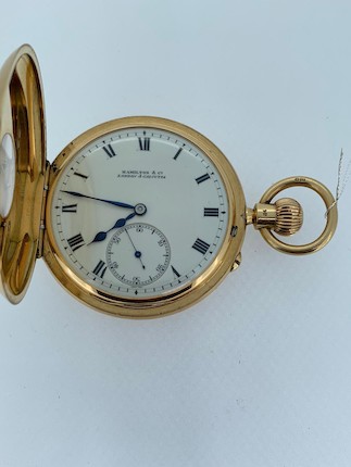 Hamilton & Co., London & Calcutta. An 18K gold keyless wind half hunter pocket watch London Hallmark for 1912 image 5