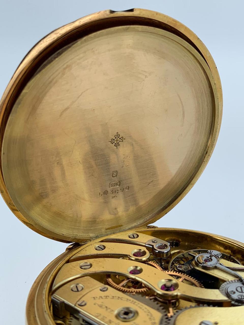 Patek Philippe. An 18K gold keyless wind open face pocket watch Retailed by Relojoaria Gondolo, Rio de Janeiro  Gondolo, Circa 1915