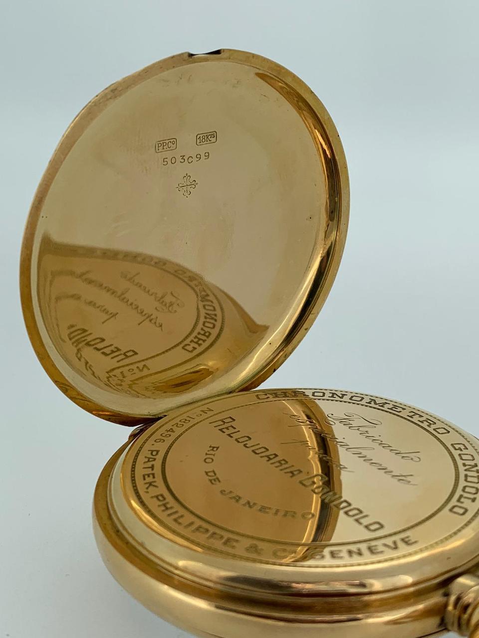 Patek Philippe. An 18K gold keyless wind open face pocket watch Retailed by Relojoaria Gondolo, Rio de Janeiro  Gondolo, Circa 1915