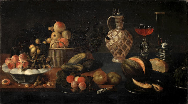 Circle of Juan van der Hamen y Le&#243;n (Madrid 1596-1632) A basket, dish and plates of fruit on a table top with a jug, glasses of wine, bread and a split melon