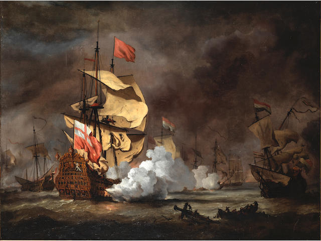 Willem van de Velde the Younger (Leiden 1633-1707 Greenwich) A battle of the Third Anglo Dutch War, probably the London at the Battle of the Texel, August 1673