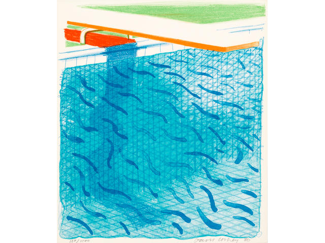 David Hockney R.A. (British, born 1937) David Hockney, Pool Made with Paper and Blue Ink for Book  Lithograph in colours, 1980, on Arches, signed, dated and numbered 107/1000 in pencil, published by Tyler Graphics Ltd., Mount Kisco, New York, with their blindstamp, the full sheet; together with the book 'David Hockney: Paper Pools', within the original card slipcase, both stamp-numbered 107, the book signed in red ink on the justification, published by Thames & Hudson, London, 267 x 228mm (10 1/2 x 9in)(SH)