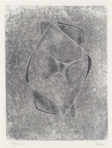 Naum Gabo (American, 1890-1977) Opus Two (The Pillow) Wood engraving printed in black, 1950, on Japan, signed and titled in pencil, with margins, 206 x 155mm (8 1/8 x 6 1/8in)(BL)