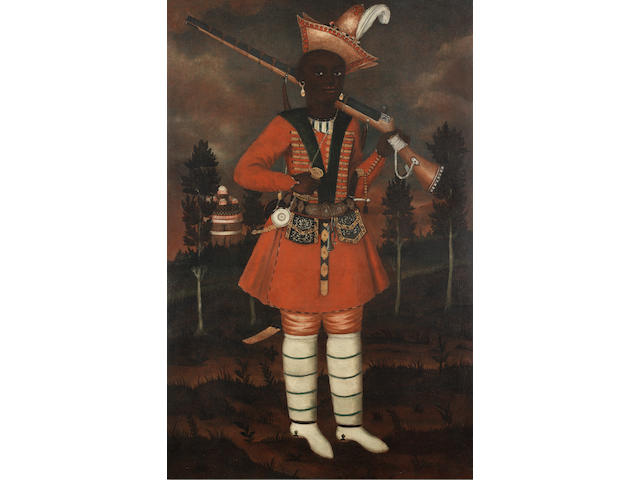 A rare Safavid oil painting of an African soldier Persia, Isfahan, circa 1680-90