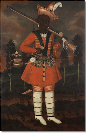 A rare Safavid oil painting of an African soldier Persia, Isfahan, circa 1680-90 image 1