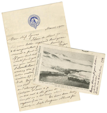 DISCOVERY EXPEDITION 1901 &#8211; THOMAS VERE HODGSON Autograph letter signed ("T.V. Hodgson"), the marine biologist on the Discovery, to Miss Symms, 1904: with a pictorial postcard and other ephemera