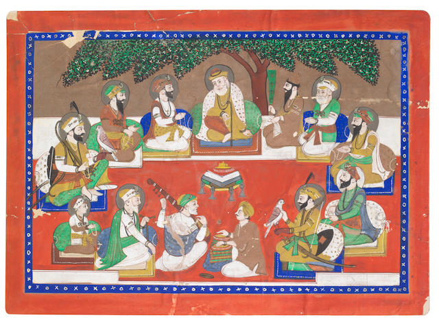 The ten Sikh Gurus seated on a terrace beneath a spreading tree, with Bala and Mardana Punjab, late 19th Century