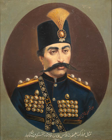 A portrait of Muzaffar al-Din Shah Qajar (reg. 1896-1907) Persia, signed by Mehdi, perhaps the Royal Painter, late 19th/early 20th Century