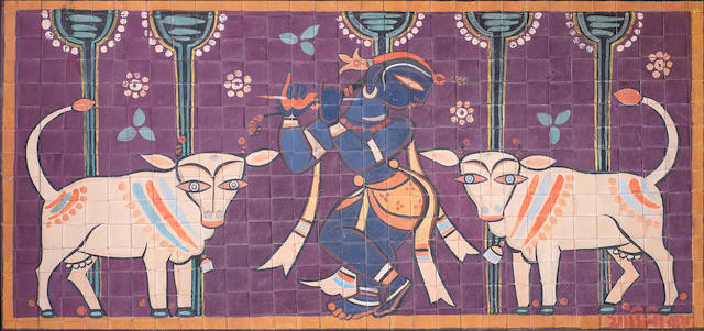 Jamini Roy (Indian, 1887-1972) Krishna fluting to the cows