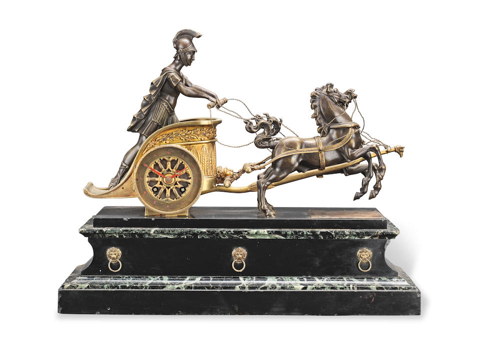 A late 19th century French bronze and marble mantel figural clock  the movement stamped Vincenti