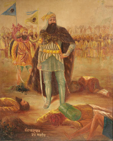 Banda Bahadur triumphant over the slain bodies of his enemies after the Battle of Sirhind Punjab, by the artist Sohan Singh (Indian, 20th Century), circa 1950-60