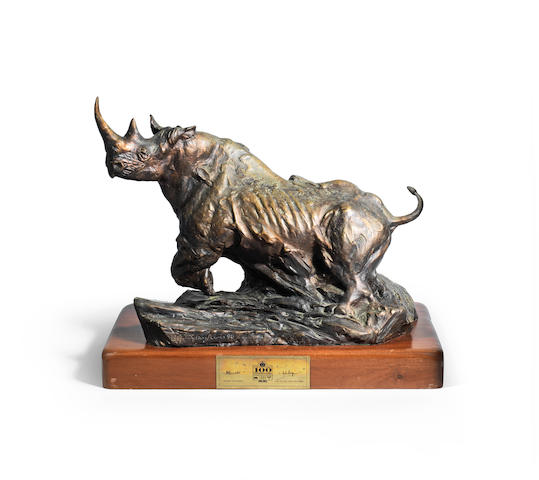 Dylan Lewis (South African, born 1964) Rhino 49.5 x 58 32.5cm (19 1/2 x 22 13/16 x 12 13/16in) including base.