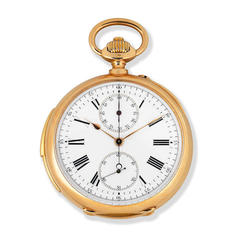 V. Lejeune, 16 Rue de la Banque, Paris. An 18K gold keyless wind minute repeating chronograph open face pocket watch Circa 1900