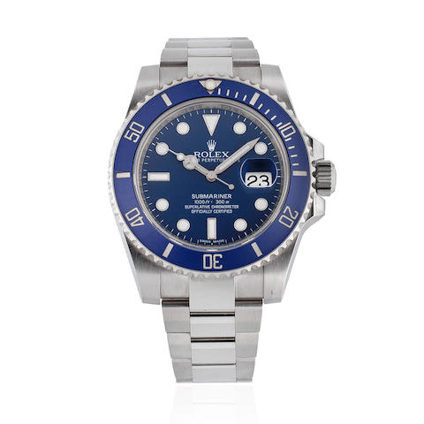 Rolex. A fine 18K white gold automatic calendar bracelet watch  Submariner 'Smurf', Ref: 116619 LB, Purchased October 2015