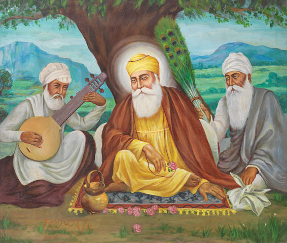 Guru Nanak seated with Bala and Mardana, by the artist Bodhraj Punjab, 1990