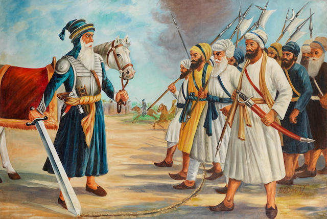 The Sikh hero, Baba Deep Singh, confronting an opposing Afghan army, by the artist Bodhraj Punjab, 1984