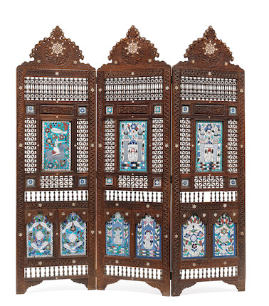 A three-section folding wood mashrabiyya screen with enamelled copper panels Syria, probably Damascus, 19th Century image 1