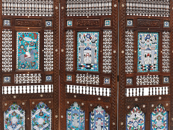 A three-section folding wood mashrabiyya screen with enamelled copper panels Syria, probably Damascus, 19th Century image 2