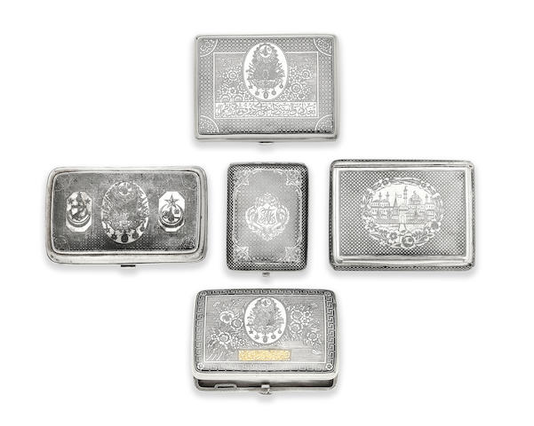 Five Ottoman niello silver-gilt cases Turkey, period of Sultan Abdulhamid II (1876-1909) and Mehmed V (1909-1918) (5)