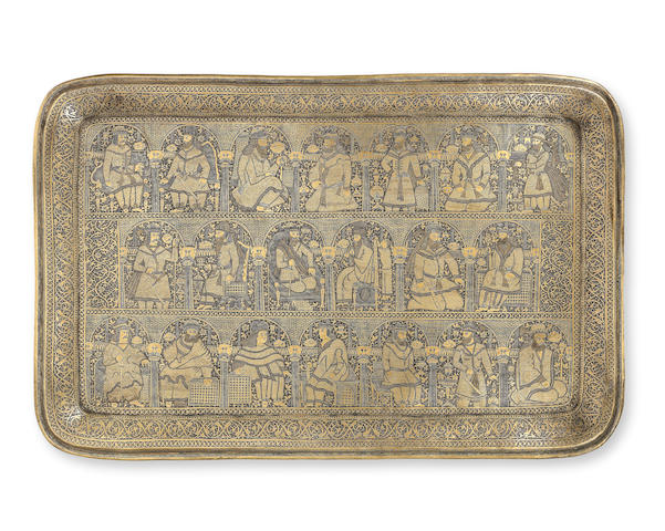 A large Qajar brass tray depicting twenty kings from Firdausi's Shahnama Persia, 19th/ 20th Century