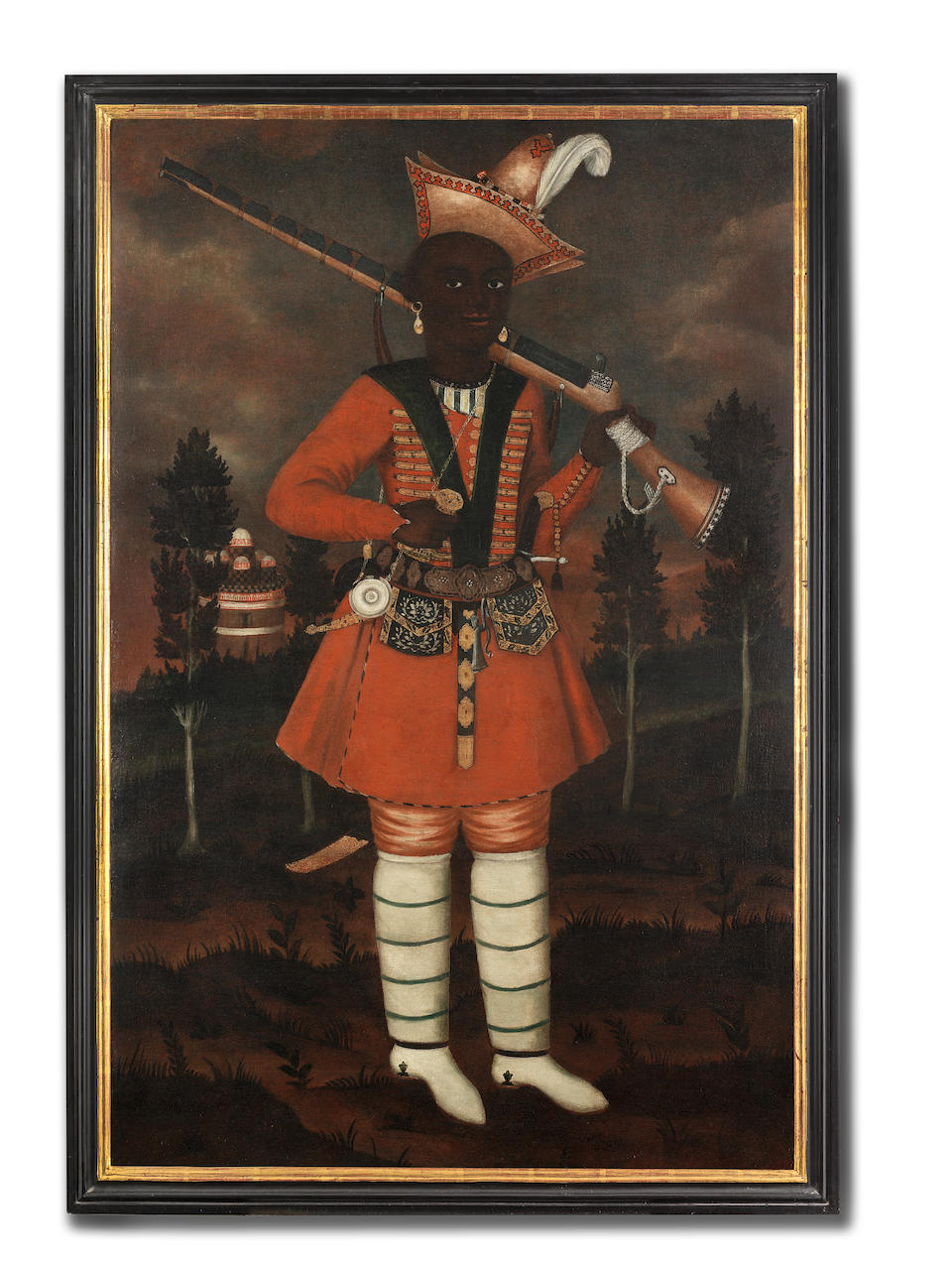 A rare Safavid oil painting of an African soldier Persia, Isfahan, circa 1680-90