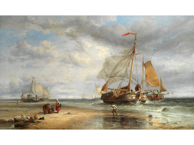 James Webb (British, 1825-1895) A beach scene with fisherfolk and fishing boats with their nets being dried