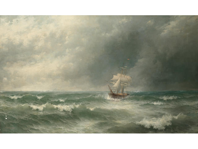 David James (British, 1853-1904) Sailing in stormy seas