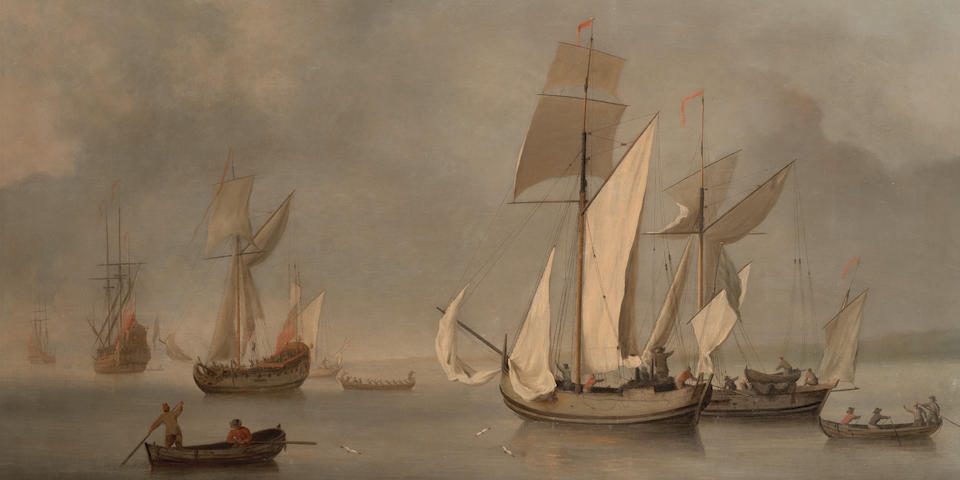 Charles Brooking (London 1723-1759) A royal yacht, men o'war, and two galliots becalmed off a coast
