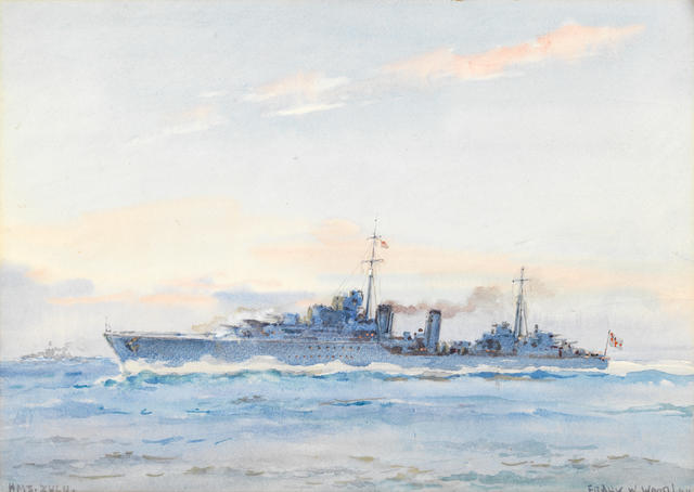 Frank Watson Wood (British, 1862-1953) 'H.M.S. Frobisher'; and 'H.M.S. Zulu' 24 x 35cm (9 1/2 x 13 3/4in); and 25 x 35.5cm (9 7/8 x 14in). (2)